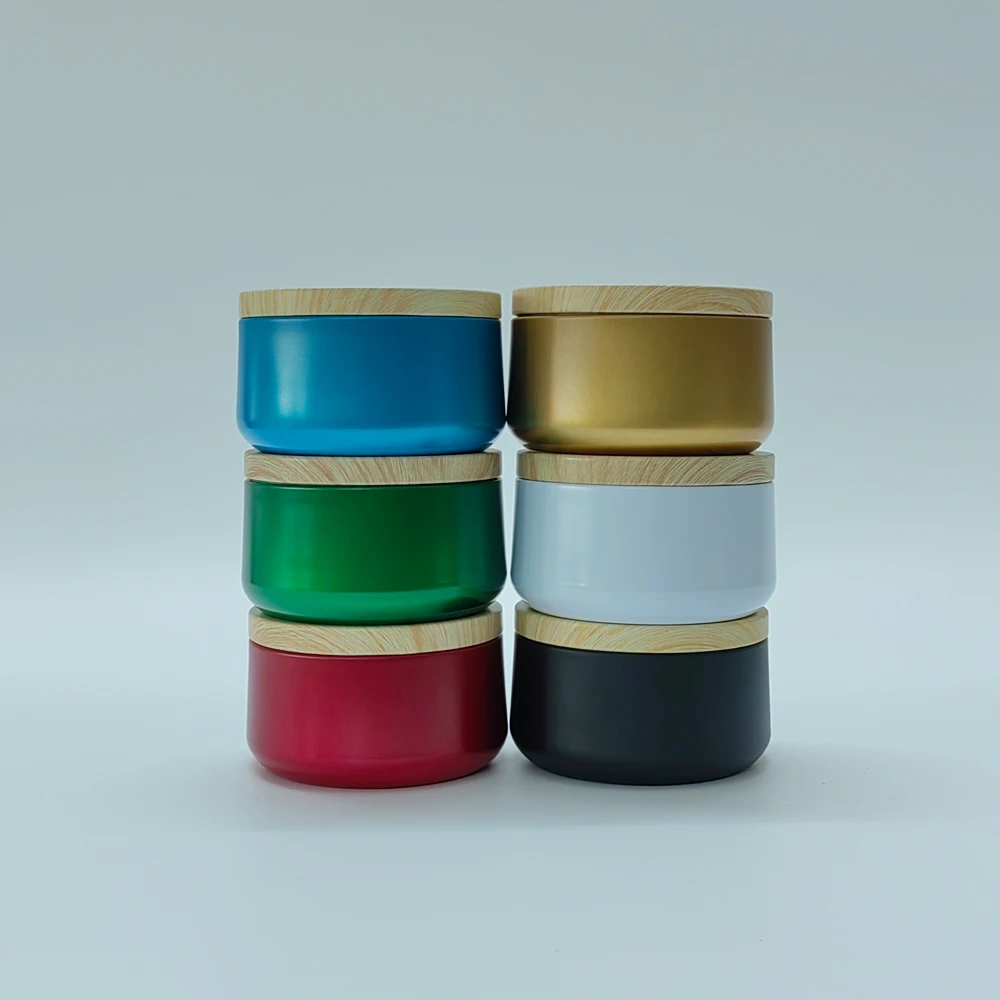 12pcs 6oz Scented Candle Jar With Wood Pattern Lid Bulk Round Candle Container Tin Empty Candy