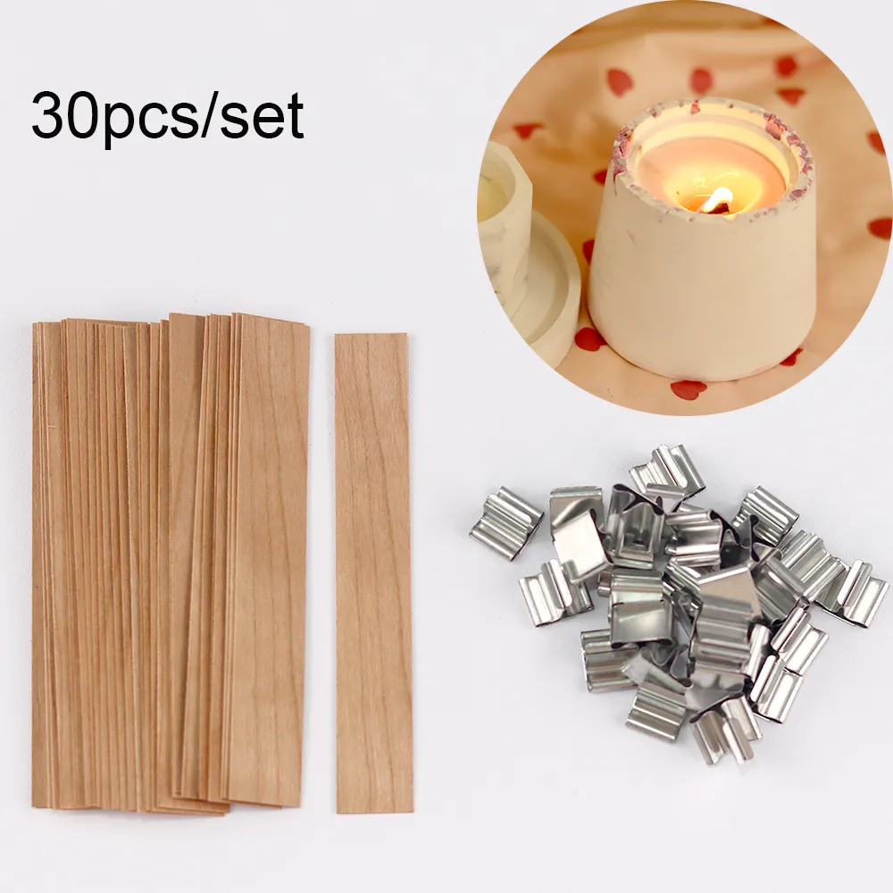 30pcs Wood Natural Candle Wicks With Clip Base Wooden Candles Craft Wick Soy Paraffin Wax Burning