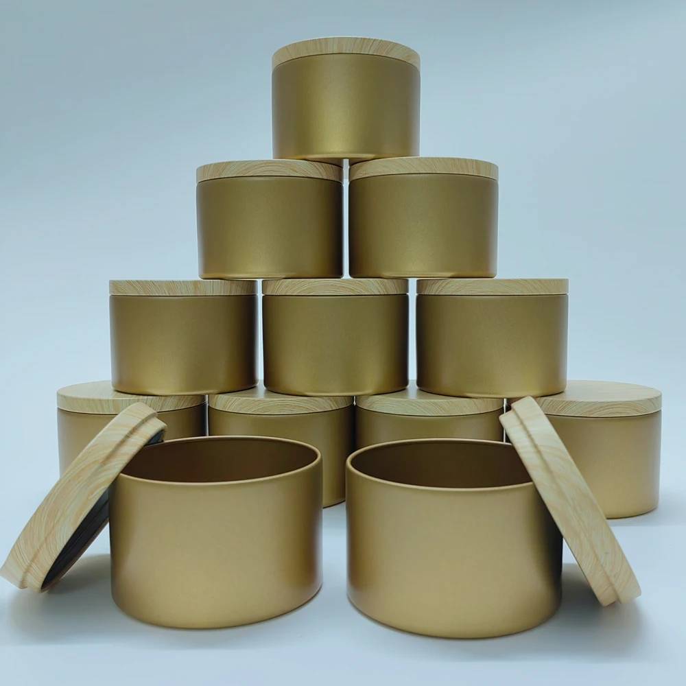 8oz Luxury Candle Jars With Wood Pattern Lid Bulk Round Candle Container Tins Empty Candy Storage