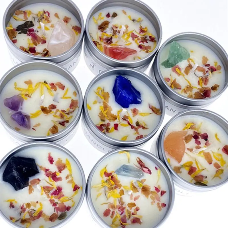 Silver Tin Box Aromatherapy Candles Crystal Salt Stonedried Flower Scented Soy Wax Smokeless Candle Home Decor