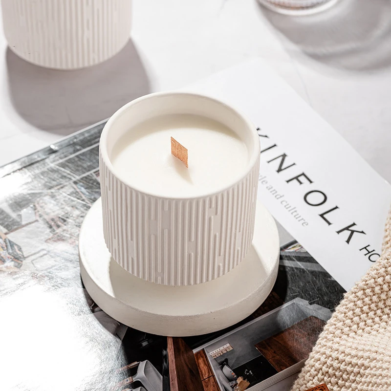 Stripe White Ceramic Cup Wood Core Scented Candle With Gift Box 5 64oz Soy Wax Handmade